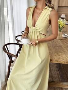 Isle Nomé Women's Sleeveless V-Neck Twist Knot A-Line Yellow Casual Dress, Suitable For Daily Wear And Vacation - Light Yellow - View 4