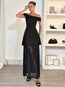 Siren Gaze Square Neck/Off-The-Shoulder Style Black Lace-Trimmed Long Dress For Women, Perfect For Summer. Elegant High-Waisted Dress, New Summer Design, Sophisticated And Stylish, Sheer Mesh Lace Trim, Perfect For Banquets Sexy Elegant Dress Black Lace Dress Black See Through Dress Lace Insert Dress 2 In 1 Dress - Black - View 6