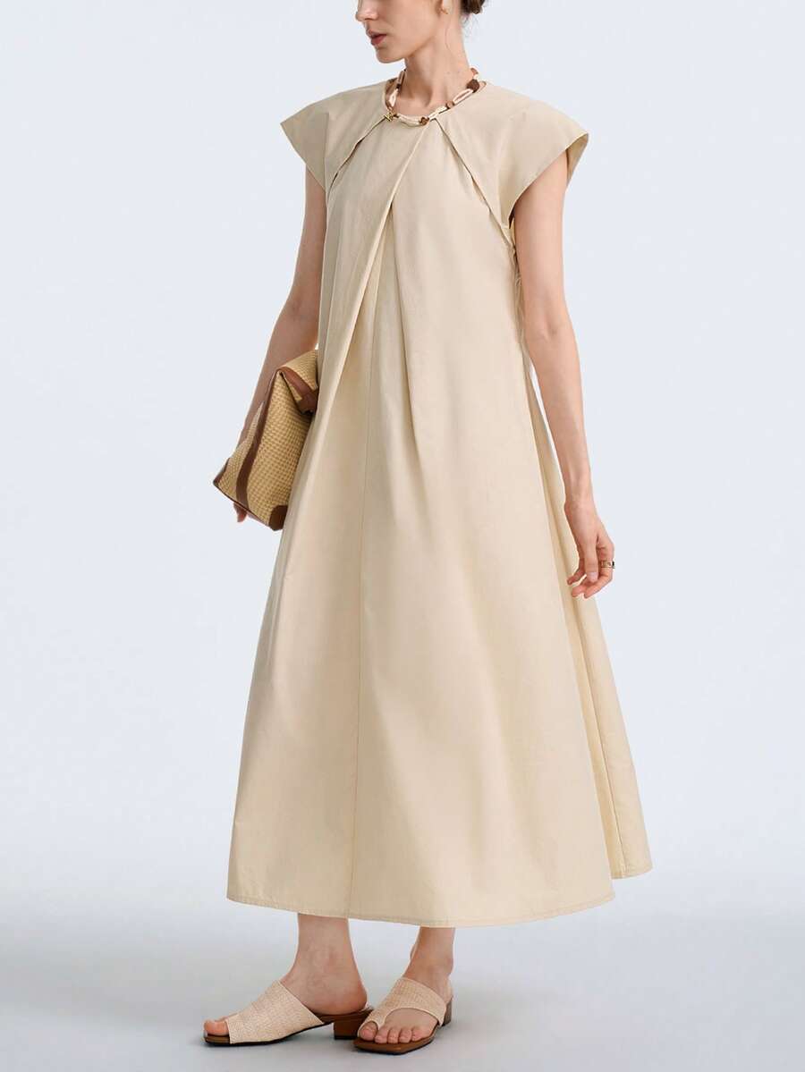 Aalyst 女士春夏新品，简约休闲时尚，通勤及派对日常百搭连衣裙，不对称褶皱设计，3D立体剪裁，米色A字连衣裙 - 杏色 - 查看 1