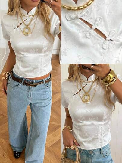 SHEIN EZwear Áo sơ mi cài cúc cổ tàu bằng vải satin jacquard thanh lịch dành cho nữ