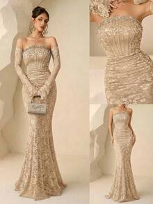 Coutiva Vestido de noche de alta gama para mujer con decoración de perlas falsas, vestido formal elegante para banquetes y fiestas - Albaricoque - Ver 7