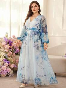 Modelyn 大码女式印花优雅收腰A字连衣裙 - 藍色 - 查看 5