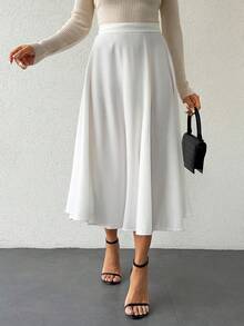 SHEIN Váy dài nữ cỡ nhỏ màu trắng trơn kiểu dáng thường ngày - trắng - Xem 3