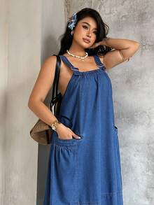 Sunnyshic Đầm liền quần denim mùa hè cỡ lớn kiểu dáng thường ngày - màu đen - Xem 5