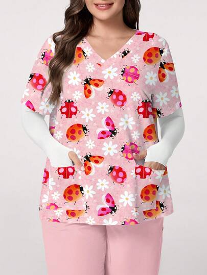 PopScrub Plus Size Women's V-Neck Short Sleeve Scrub Top With Pockets, Ladybug & Floral Print, Slit Design, Suitable For Spring/Summer Nurse/ Uniforms, Ladybug Enthusiast Apparel