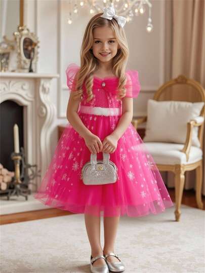 Glamorique Kids 2026 SS Summer Soft & Comfortable Squishy Fabric, New Fashion, Vacation Travel Essential, Girls Princess Mesh Tulle Dress, Fuchsia Sequin Party Wear, Floral Print Tulle Puff Dress, White Fur Trim, Suitable For All Seasons, Middle East & European Style