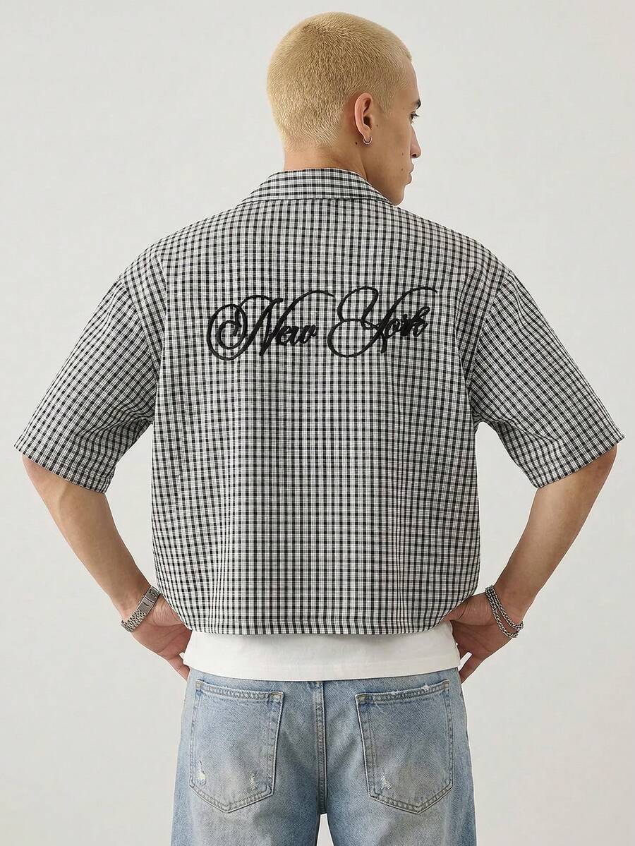 SWAVVY Men's Fashion Letter Embroidered Short Sleeve Shirt, Spring/Summer - Black and White - View 1