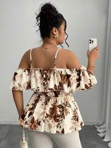 Elenzga Plus Size Elegant Off-Shoulder Ruffle Hem A-Line Blouse, Spring/Summer - Brown - View 2