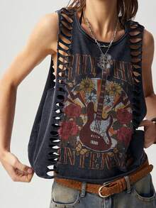 Bohemela Boho Spring/Summer Outfits, Vintage Women's Vacation Beach Bohemia Casual Music Festival Print Knit Loose Fit Tank Top, With Cut Out Detail, Casual Vacation, Western Country Style Concert Party Outfits, Suitable For Beach Vacation Outfit & Daily Wear & Back To School & Going Out Outfits & Party Outfits, 2000s Outfits, Y2k Clothes, Summer Holiday Outfits,Summer Top - Black - View 4