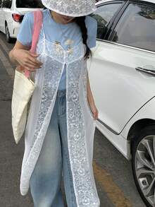 Livesso 吊带蕾丝女式时尚上衣，侧开衩 - 白色 - 查看 4