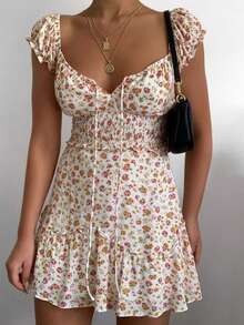 DAZY Women's Floral Print Ruched Waist Elegant Date Party Dress Sundress - Pink - View 1