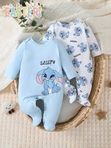 2件套新生儿蓝色系列可爱卡通动物印花长袖连脚连体睡衣 - 彩色 - 查看 1