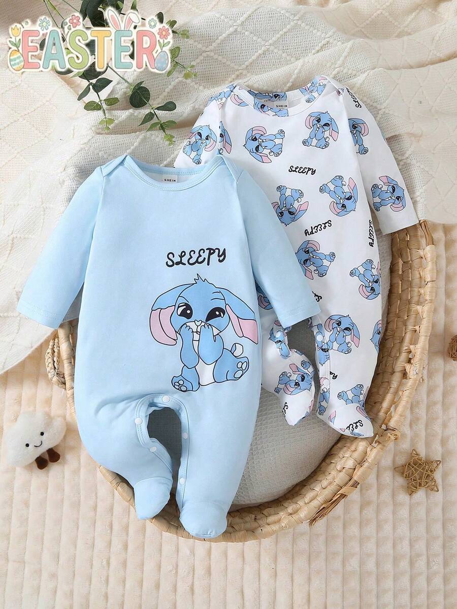 2件套新生儿蓝色系列可爱卡通动物印花长袖连脚连体睡衣 - 彩色 - 查看 1