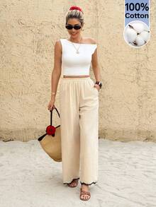 SHEIN Frenchy 女士休闲纯色简约口袋裤 - 杏色 - 查看 3