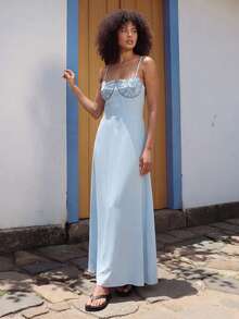 CAJUNI Summer Vacation Embroidery Shell Baby Blue Long Dress - Blue - View 3