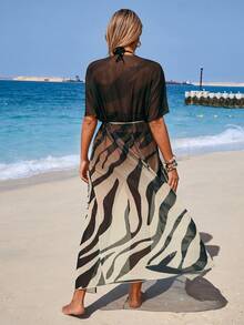 SHEIN Swim Chicsea 女士夏季度假斑马纹薄纱长款和服开衫 - 棕色 - 查看 2