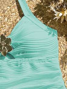 SHEIN Mint Green Summer Cute Vacation Holiday Tween Girl Two Pieces Swimwear,Halter Neck Flower Decor Textured High Waist Tankini Tummy Control Bathing Suit - Mint Green - View 5