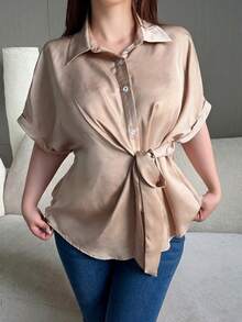 Flirla Casual Elegant Minimalist Commuter Loose Tie-Waist Open Front Office Lady Short Sleeve Plus Size Women Shirt, Summer - Apricot - View 1