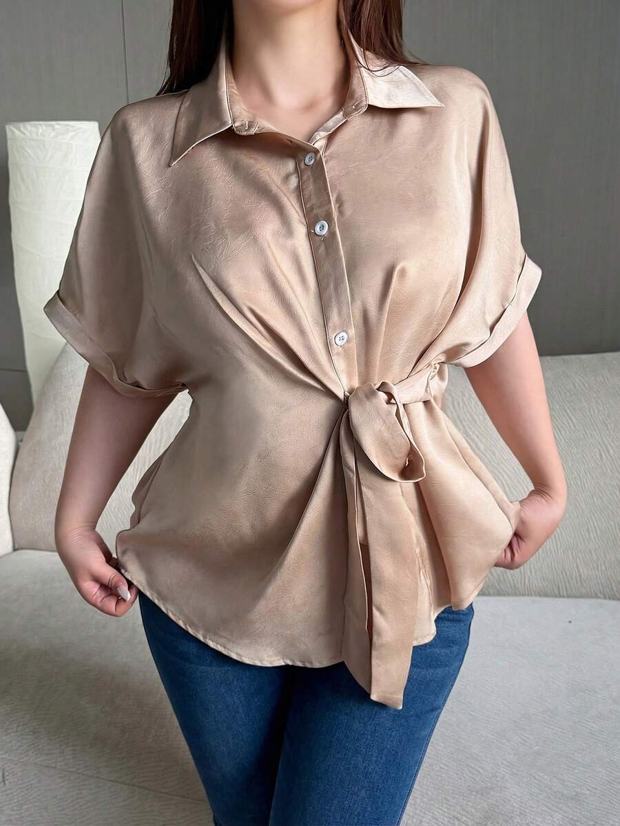 Flirla Casual Elegant Minimalist Commuter Loose Tie-Waist Open Front Office Lady Short Sleeve Plus Size Women Shirt, Summer - Apricot - View 1