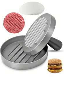 专为汉堡肉饼压制器设计：圆形木柄，喷漆铝合金汉堡肉饼压制板，饭团压制肉馅饼模具。 - 銀色 - 查看 7