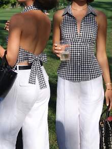 Briarwyn Summer Women's Cotton Sexy Plaid Front Button Back Tie-Up Backless Halter Top, Summer Top, Going Out Tops,Vacation Outfits Women Checkered Top Summer Clothes Gingham Top Tube Top Bow Top - Black and White - View 1