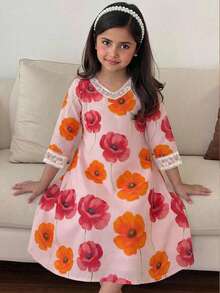 SHEIN DRMZ Young Girl Flamingo Print Long Sleeve Dress,Pink Autumn Holiday Party Arabian Robe,Elegant Floral Collar Kaftan Jalabiya Pakistani Kids Clothes - Multicolor - View 4