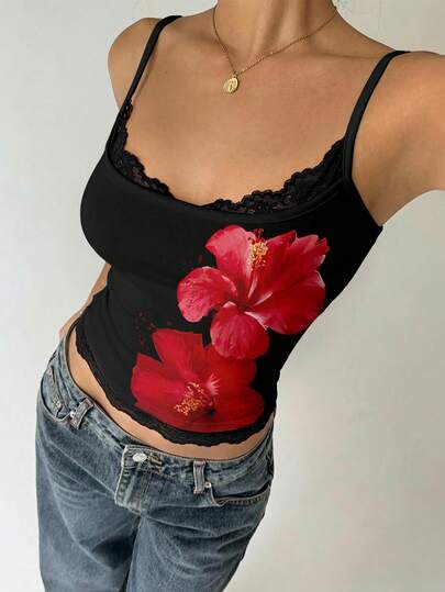 Aloruh 女士性感休闲Y2K芙蓉花蕾丝拼接吊带背心，夏威夷印花背心，度假吊带背心，夏季海滩度假装