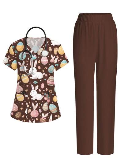 PopScrub Rabbit & Striped Egg Cartoon Print V-Neck Short Sleeve Pocket Dress With Slit Design, 2pcs Set, Nurse Uniform, Casual Outfit For Spring/Summer