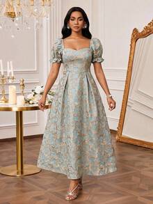 SHEIN Lady Women's Elegant Jacquard Petal Sleeve Ruched Waist Flared Hem Party Dress, Summer - Multicolor - View 7