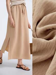 SHEIN Stylify Chân váy nữ kiểu dáng thường ngày, thắt eo, có túi và xẻ tà. - Màu Khaki - Xem 1