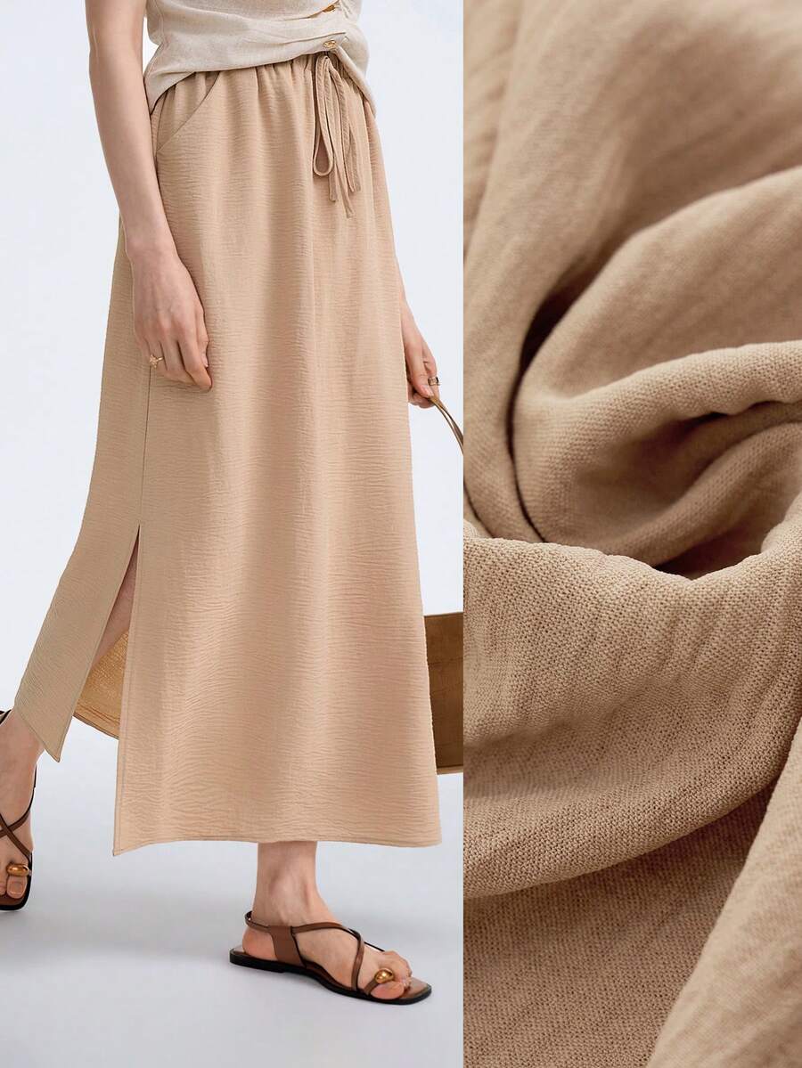 SHEIN Stylify Chân váy nữ kiểu dáng thường ngày, thắt eo, có túi và xẻ tà. - Màu Khaki - Xem 1