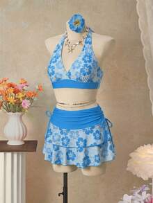 Bellisia 26SS 橙色挂脖三角比基尼上衣配同款半裙三件套，沙滩/度假装 - 藍色 - 查看 1