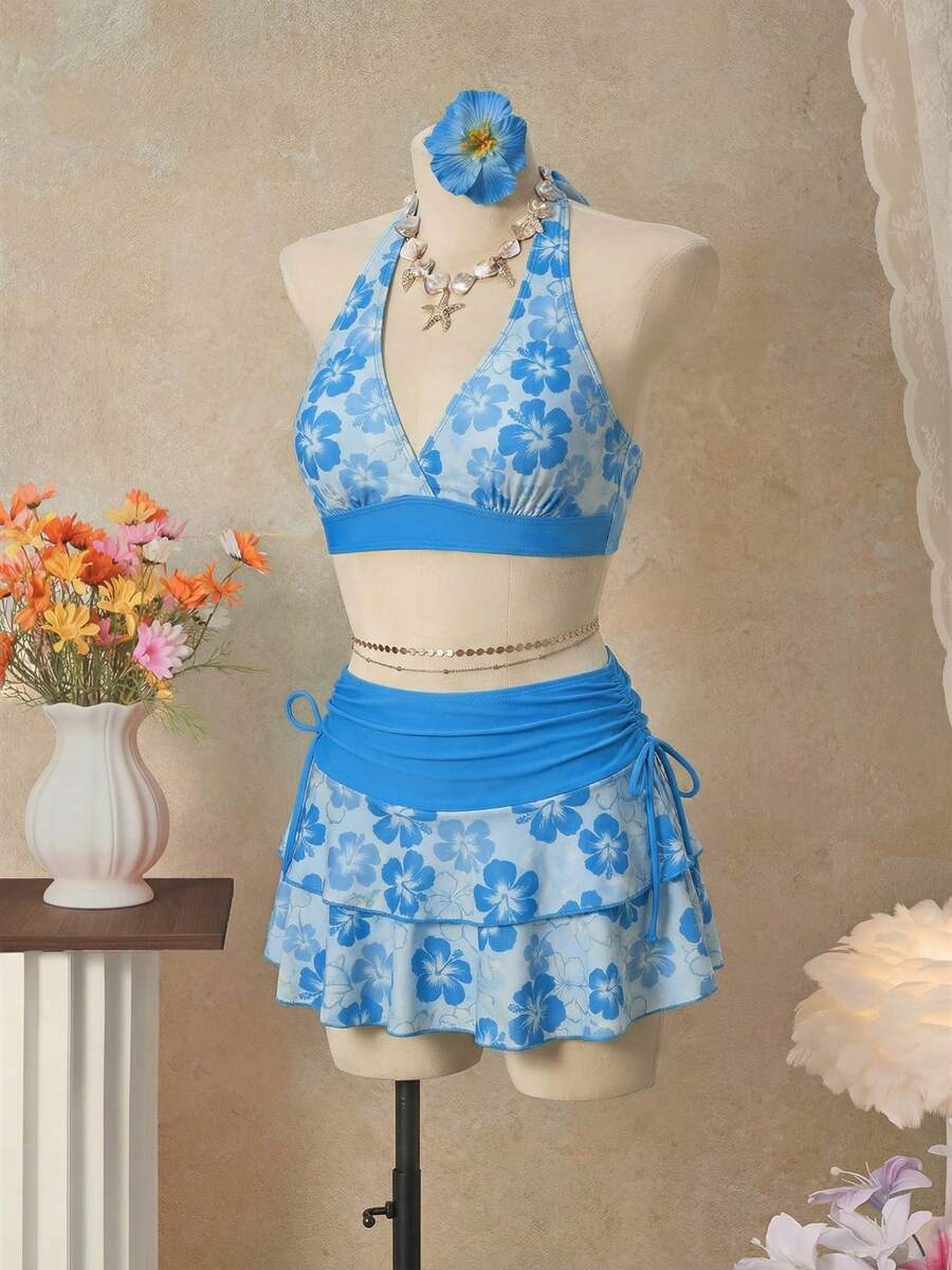 Bellisia 26SS 橙色挂脖三角比基尼上衣配同款半裙三件套，沙滩/度假装 - 藍色 - 查看 1