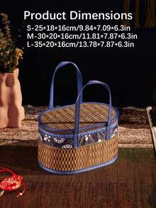 1 chiếc giỏ đựng đồ cắm trại gấp gọn đan từ tre, phủ vải batik, giỏ dã ngoại, phong cách nông thôn - Màu Khaki - Xem 2