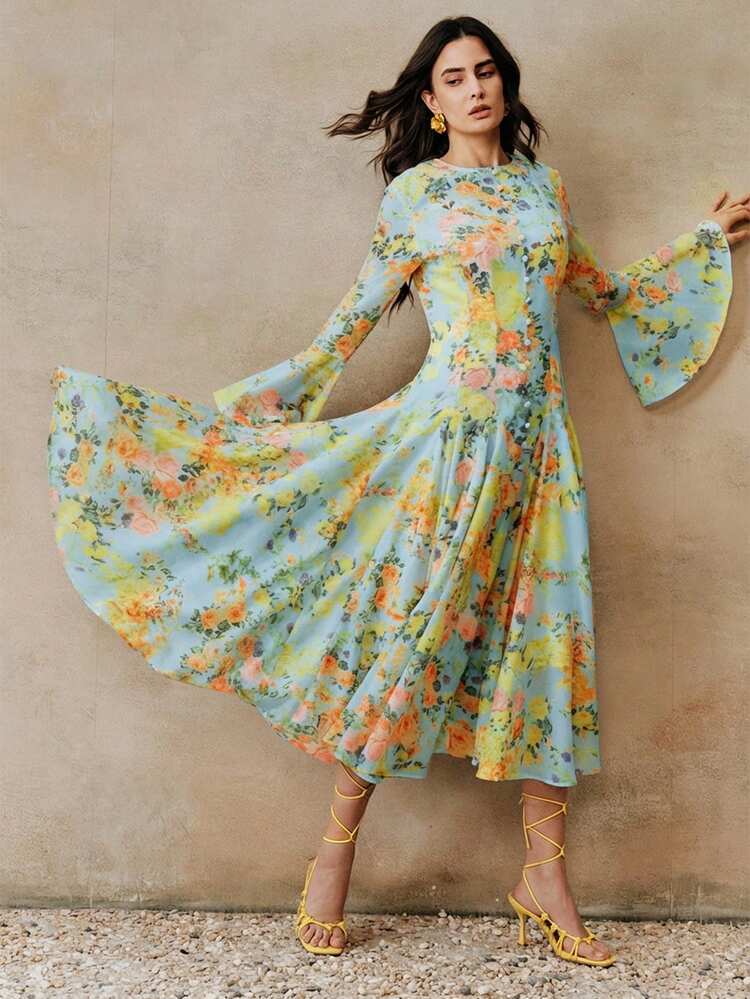 Women's New Spring/Summer Ditsy Floral Yellow Long Sleeve A-Line Flare Sleeve Maxi Elegant Vacation Dress