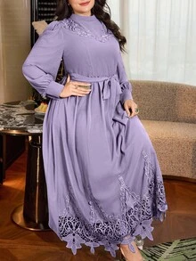 Modelyn 大码纯色长袖雪纺双层荷叶边下摆优雅浪漫连衣裙 - 淡紫色 - 查看 3