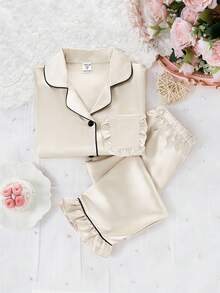 2件套女童纯色荷叶边短袖上衣和裤子家居服套装，春夏款 - 香檳色 - 查看 5