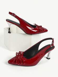 CUCCOO CHICEST Sapatos Femininos: Mini Laço Decorativo Bico Fino Salto Agulha Metalizado Prata, Sapatos Slingback de Couro Sintético Vermelhos Altos Elegantes e Únicos com Estilo Punk para Moda de Rua, Transporte, Festa de Natal e Ano Novo, Clima de Outono e Inverno - Vermelho - Visão 10