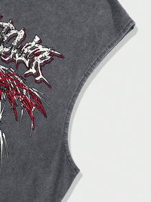 ROMWE MEN Grunge Punk Áo ba lỗ nam cổ tròn in hình bông tuyết, chữ và đầu lâu - Màu xanh hải quân - Xem 4