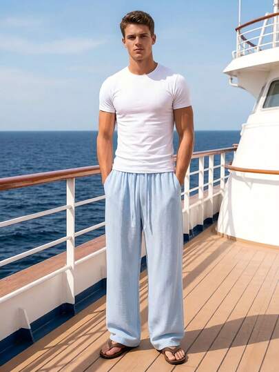 Manfinity Dauomo بنطلون رجالي بخصر مرن وجيوب، لون أحادي، قصة فضفاضة مريحة، متعدد الاستخدامات للارتداء اليومي