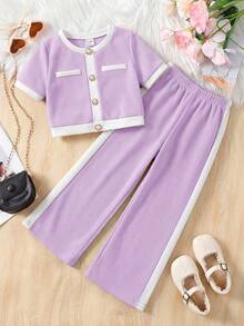 LMoss Kids Baby Girl Purple Contrast Color T-Shirt Set, Fashionable Casual, Baby Girl - Purple - View 2
