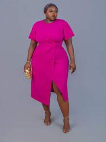CurvyTilda Plus Size Solid Color Round Neck Short Sleeve Twist Summer Dress - Red Violet - View 3