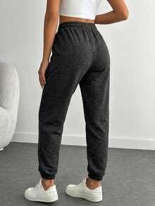 RueChic Letter Embroidery Drawstring Waist Sweatpants - Black - View 2