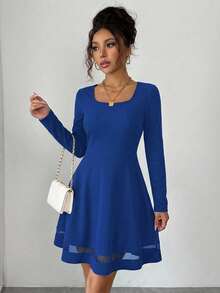 EURMUSE Mesh Detail Long Sleeve Dress - Blue - View 4
