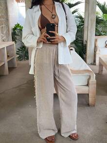 SHEIN EZwear Quần ống rộng nữ cạp chun, kiểu dáng thường ngày, đa năng, thích hợp mặc hàng ngày. - Màu be - Xem 5