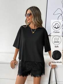 Easowa Bộ 2 món gồm áo thun cổ tròn tay ngắn màu đen bằng cotton và quần short lửng viền ren dành cho nữ, thích hợp cho trang phục thường ngày, lãng mạn hoặc đi nghỉ mát. - màu đen - Xem 2