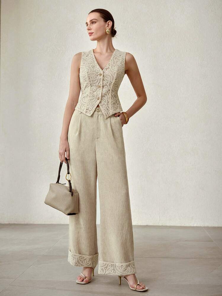 WOMEN'S 2 PIECES SET, NEW HOLLOW-OUT DESIGN, ASYMMETRICAL PATTERN FASHIONABLE TOP & PANTS OUTFITS