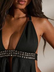 Opulessa Vestido mini sexy de mujer con diseño de remaches y escote en V profundo - Negro - Ver 4