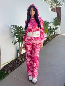 Hitanina 2pcs Women Camouflage Print Hooded Zip-Up Long Sleeve Top And Drawstring Waist Sweatpants Set - Multicolor - View 4