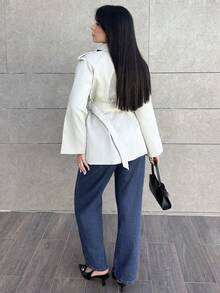 Hitanina 女士时尚优雅双排扣束带风衣法式风衣女装风衣秋冬女装风衣 - 灰色 - 查看 2